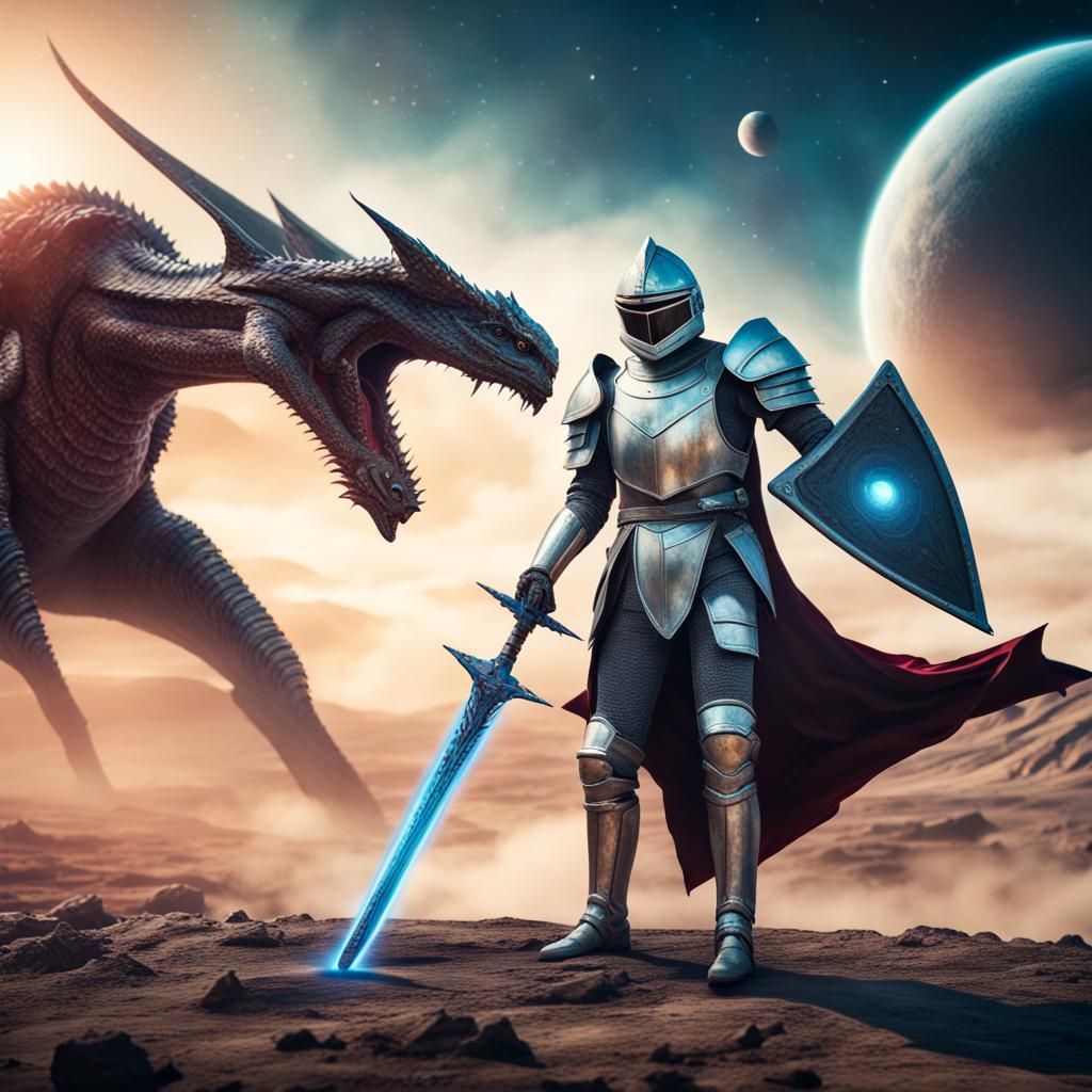 Sci-Fi Knight on Dragon, Alien Planet, 8K