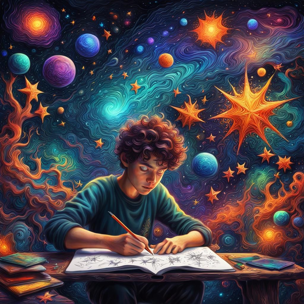 Psychedelic Star Doodle World in Impasto Oil Style