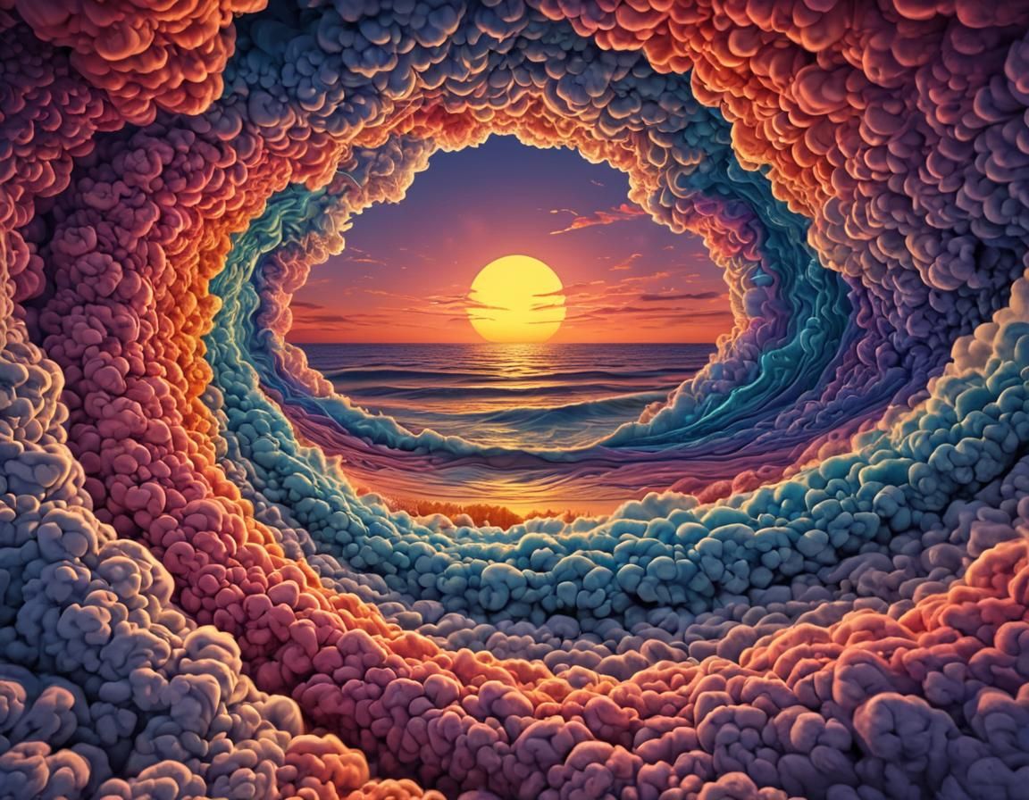 Surreal Beach View with Abstract Fractal Clouds