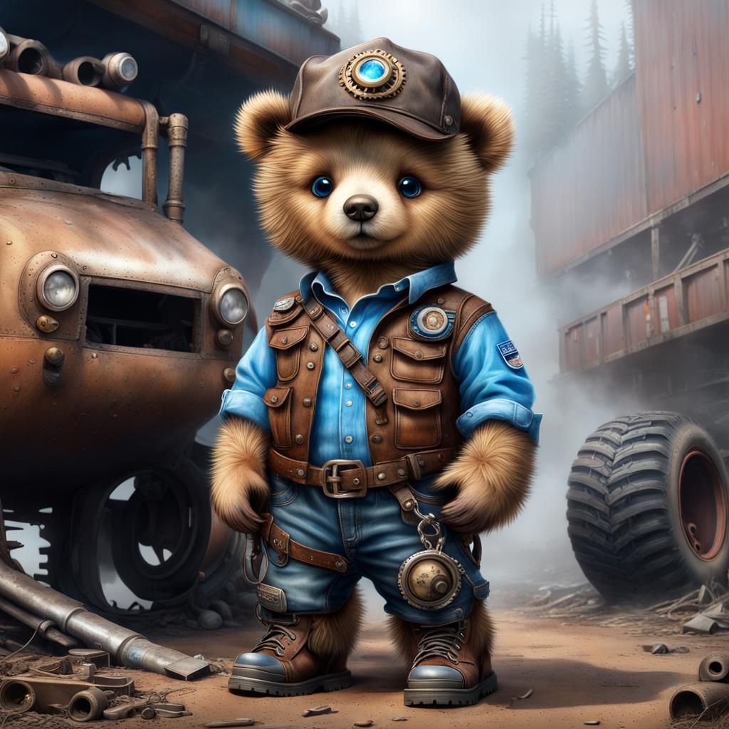 Dieselpunk Teddy Bear in Junkyard, Photorealistic