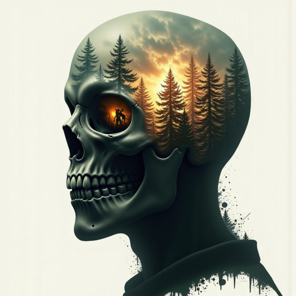 Skull Forest Double Exposure with Cloud Face in Golden Hour