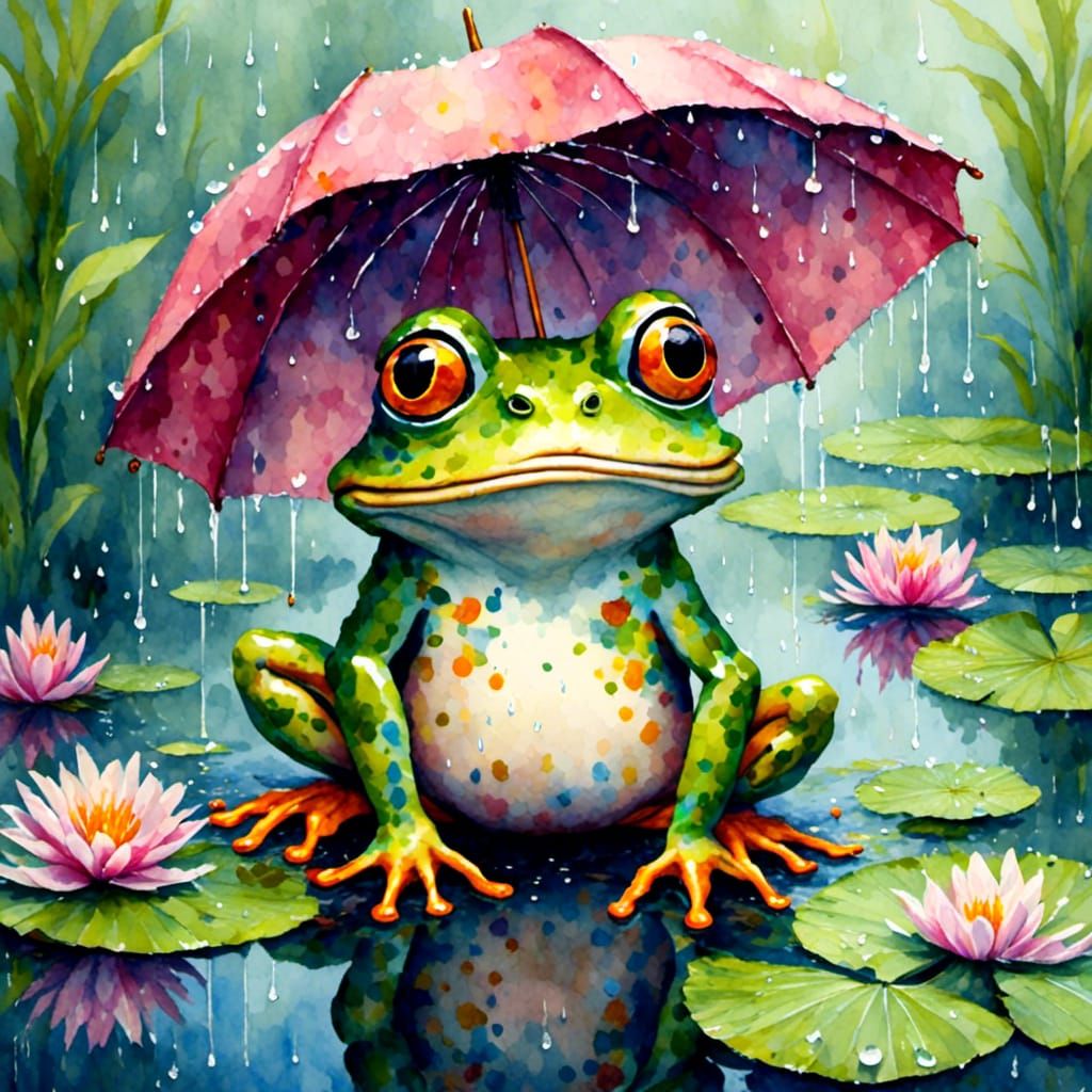 Cute Frog in Rain: Antique Watercolor Impasto Style