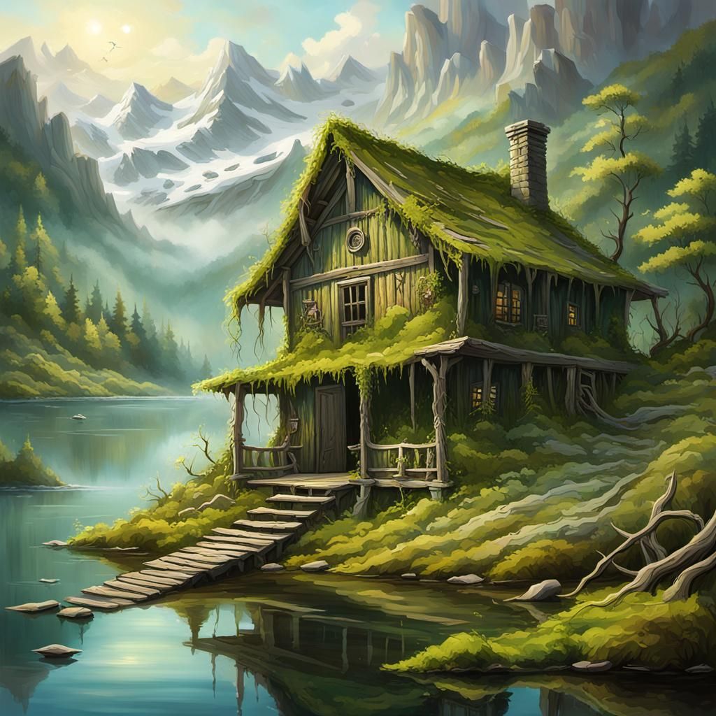 A forgotten cabin, overgrown with moss and vines, sits crumb...