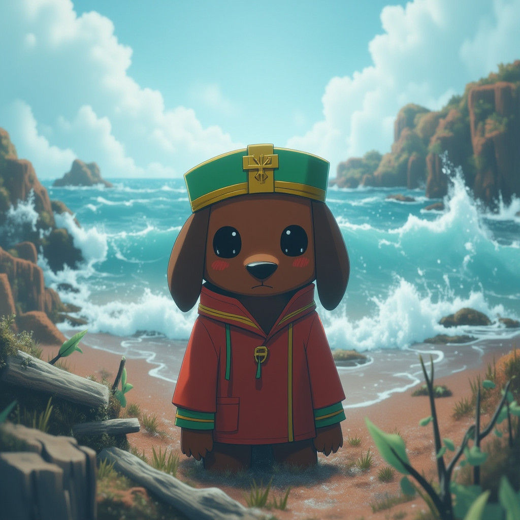 Dachshund in Sailor Hat on Dreamy Shoreline