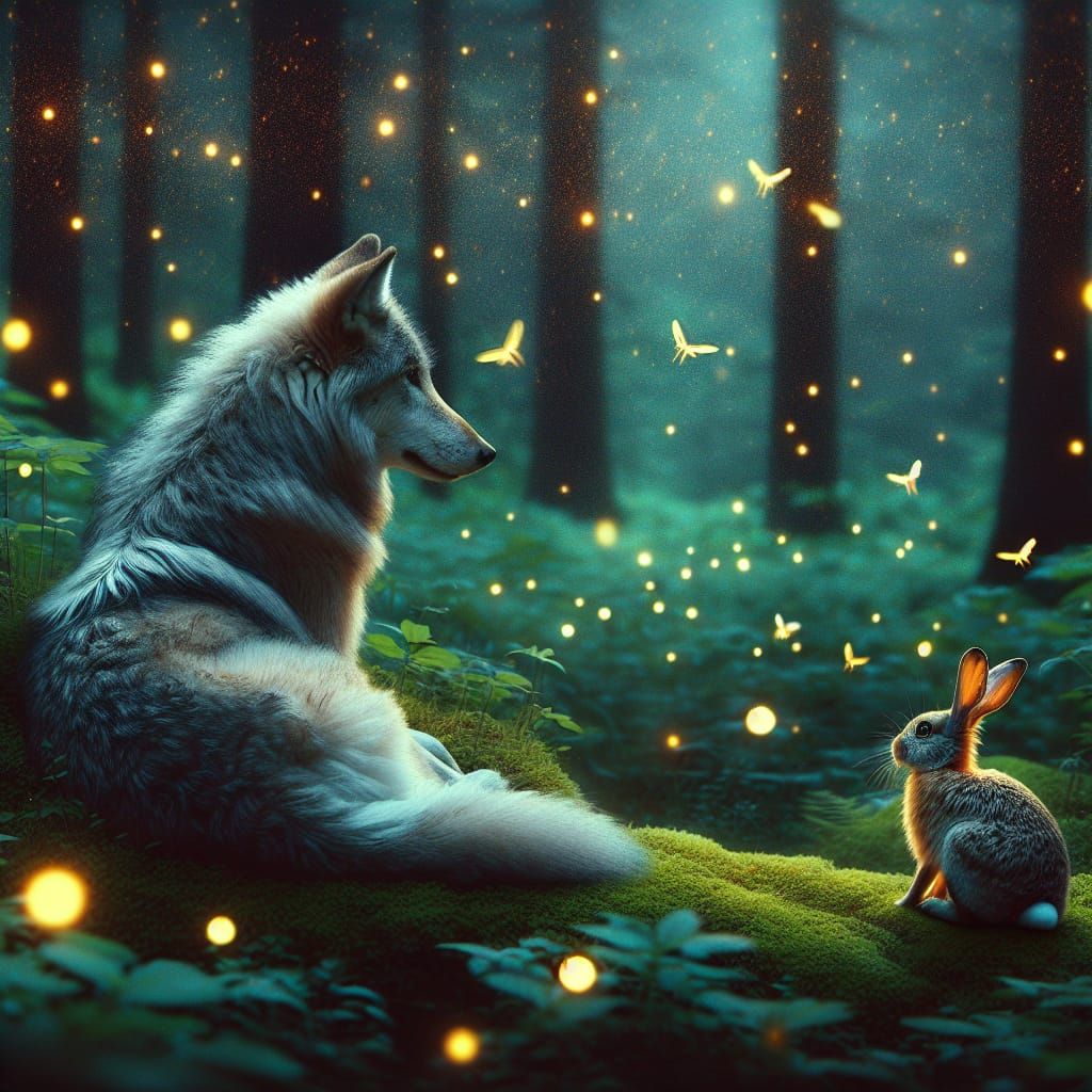 Enchanted Forest: Wolf and Rabbit Watching Fireflies