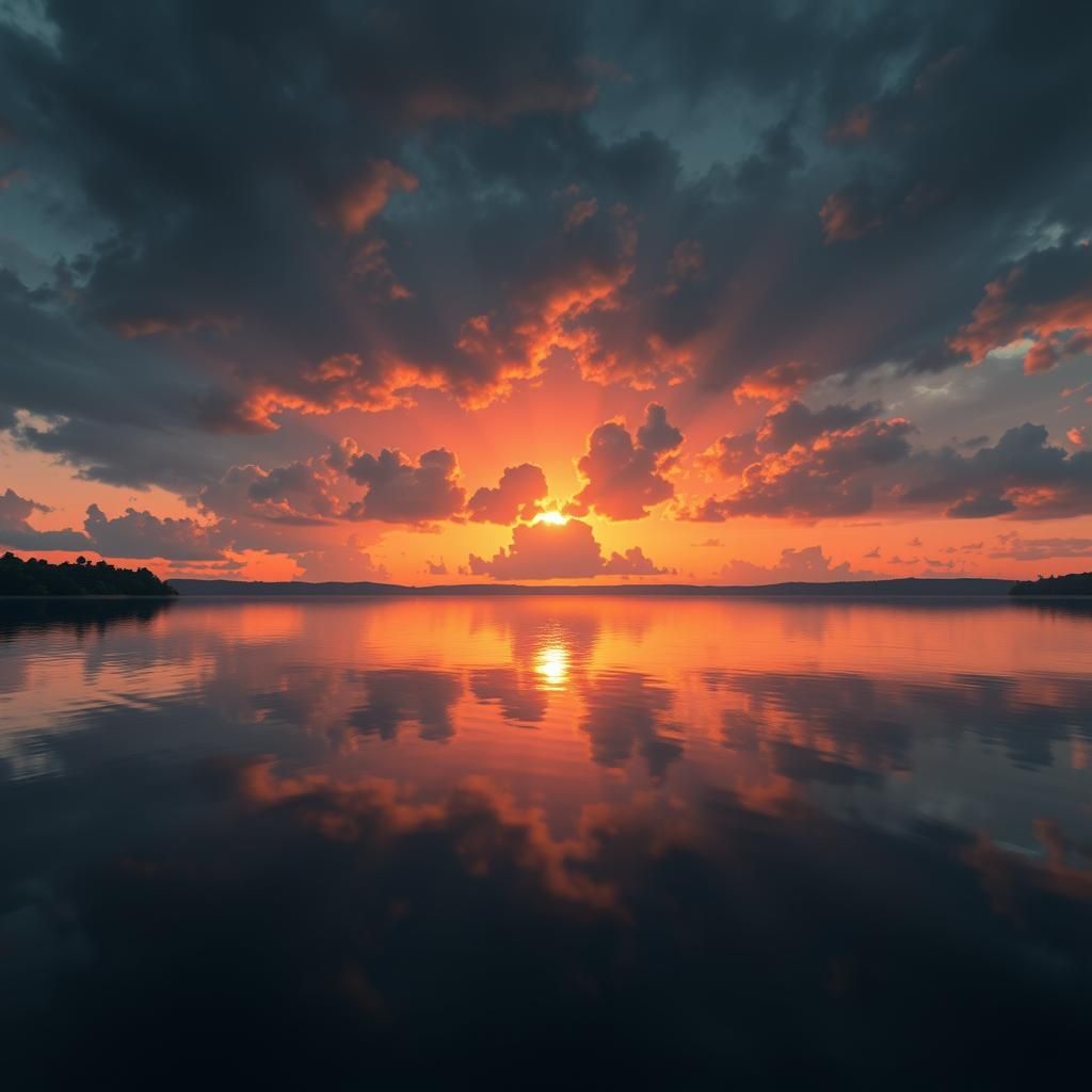 Dramatic Sunset Storm over Lake in Pixar Style