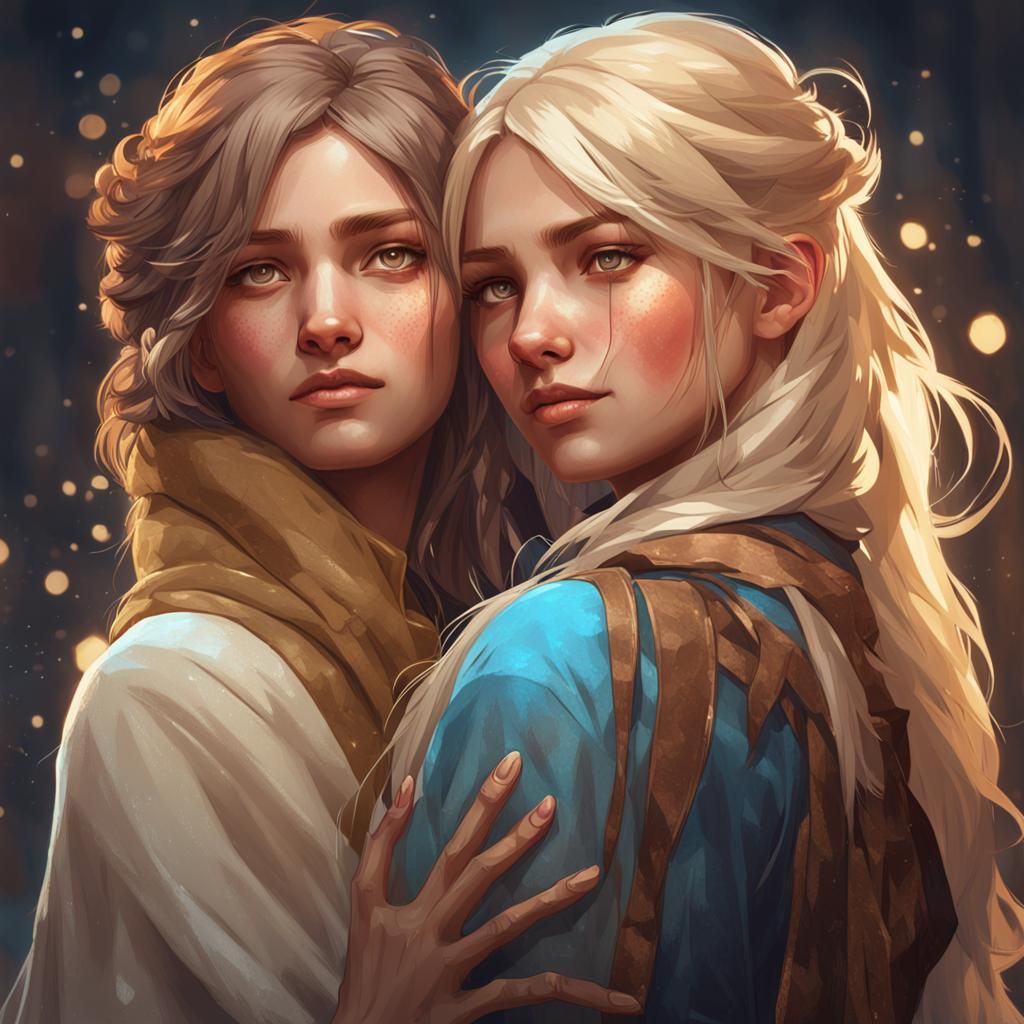 Girls Hugging: Hyperdetailed Artgerm-style Portrait