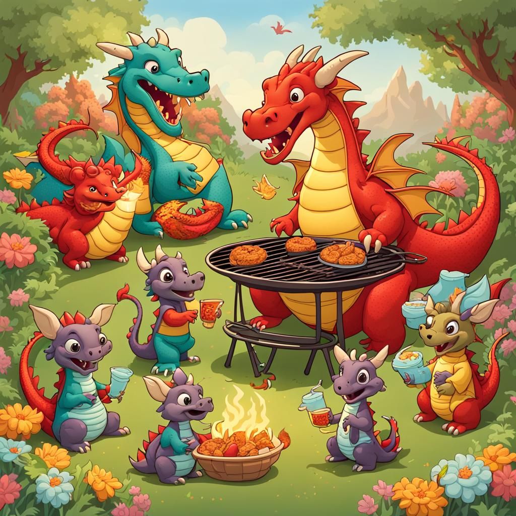 Cartoon Dragon Family Barbecue in Flower Garden