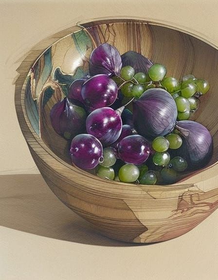 Grapes, Figs, and Currants in an Acacia Wood Bowl
