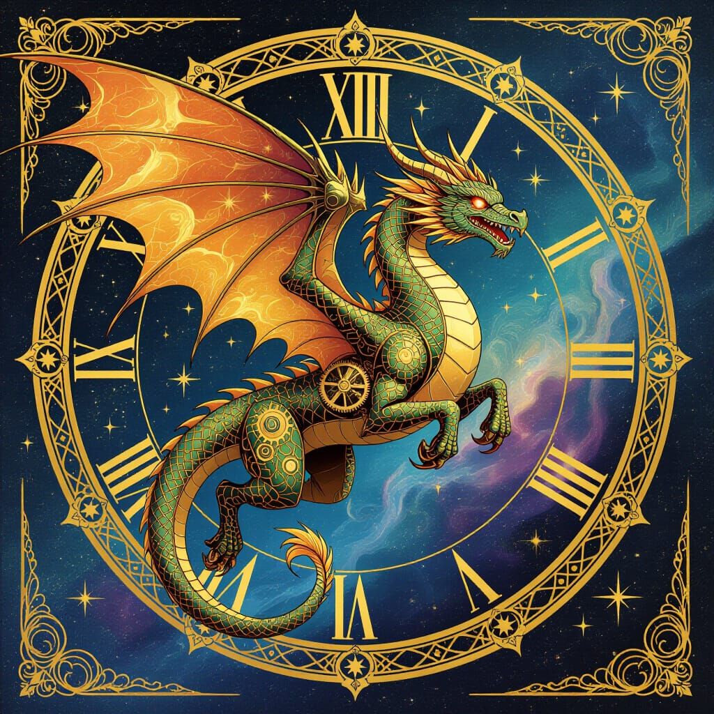 Clockwork Dragon Soaring Through Cosmos in Art Deco Style