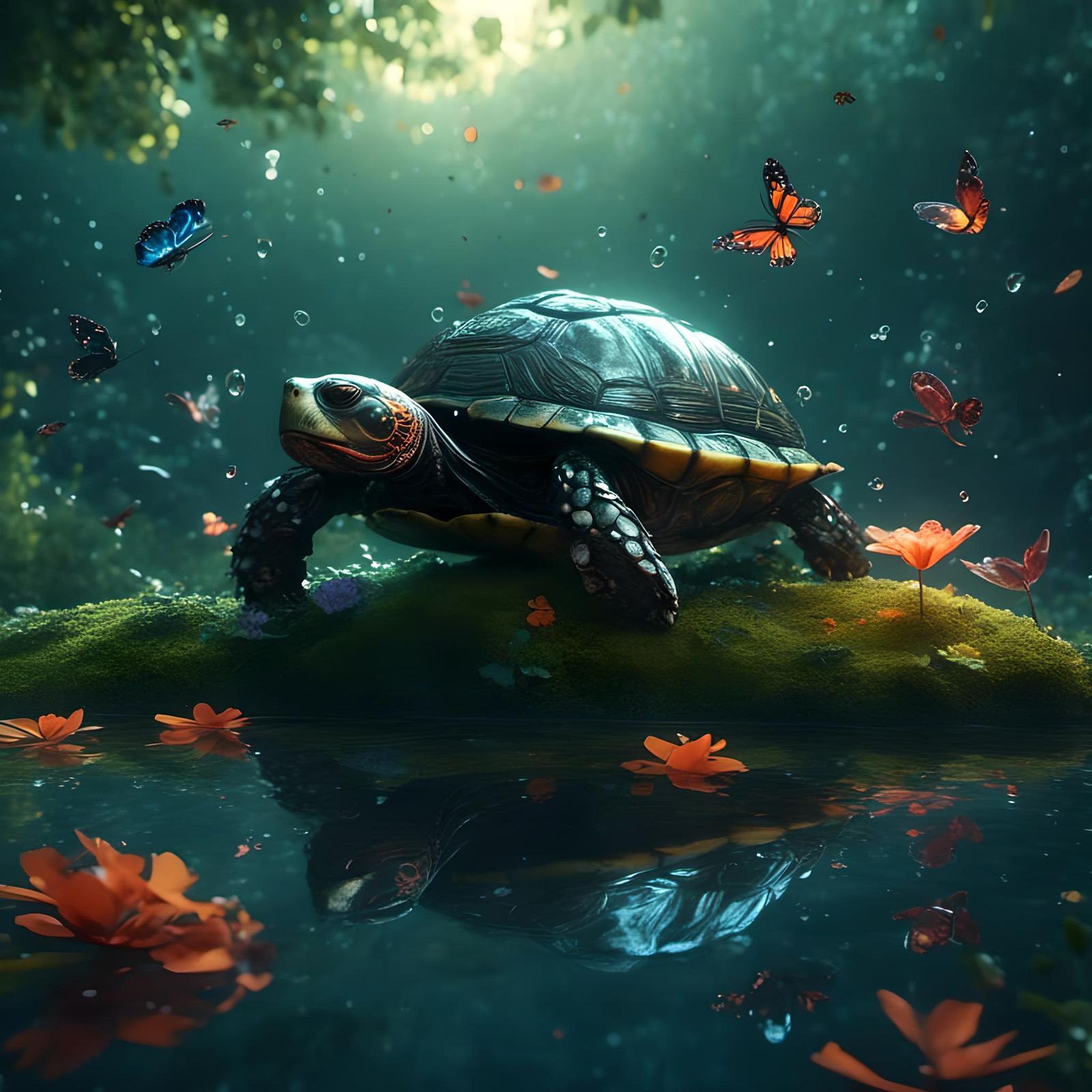 Turtle Surrounded by Glowing Bugs in Pond
