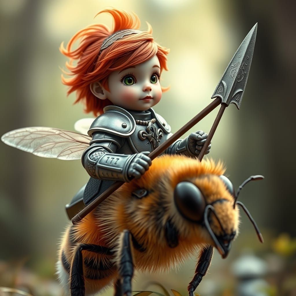 Surreal Forest Epic: Red Haired Girl Rides Bee Knight