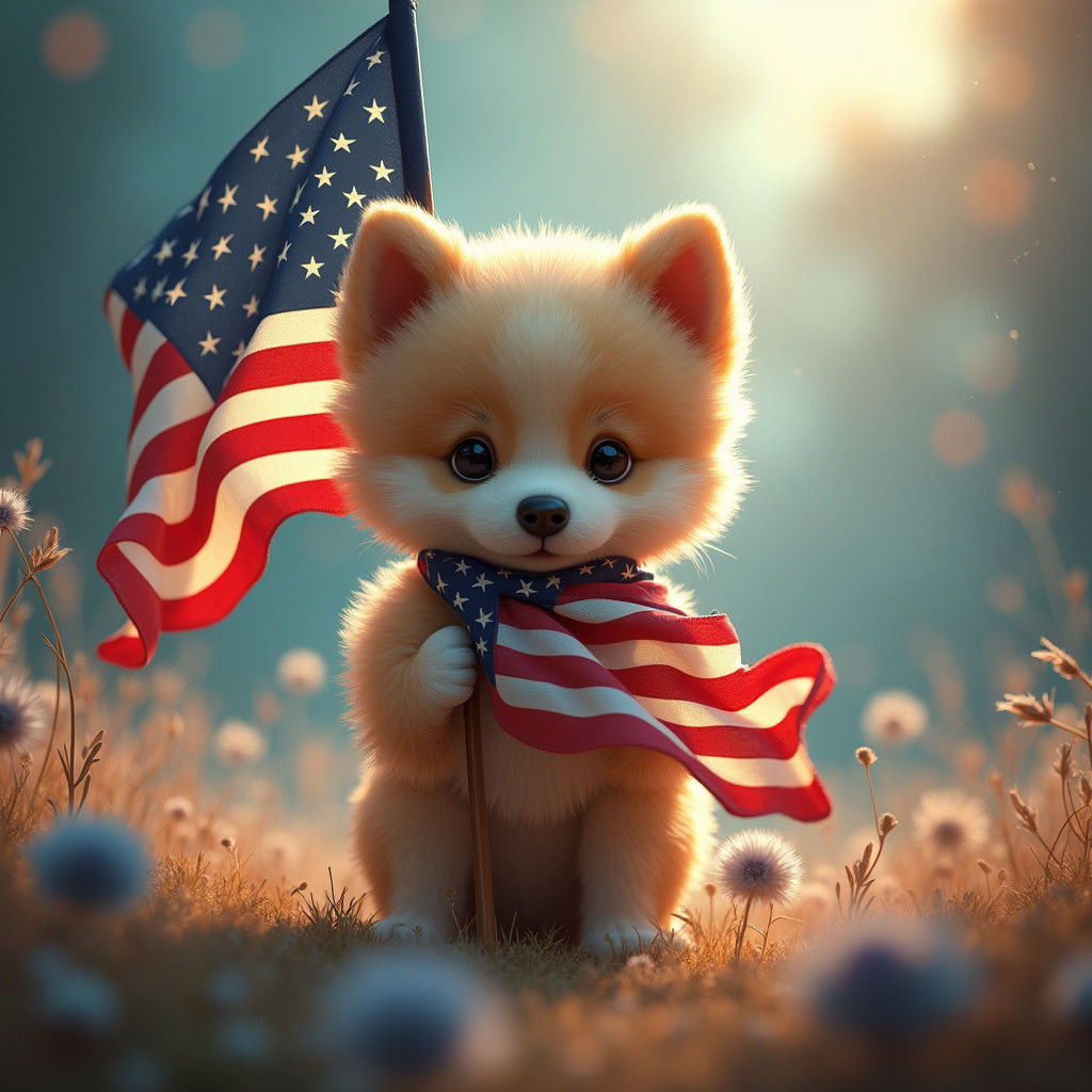 Dog with USA Flag in Dreamlike Matte Painting