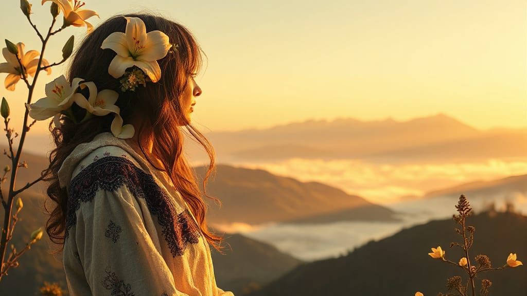 Serene Woman With Lilies Gazes at Mountains