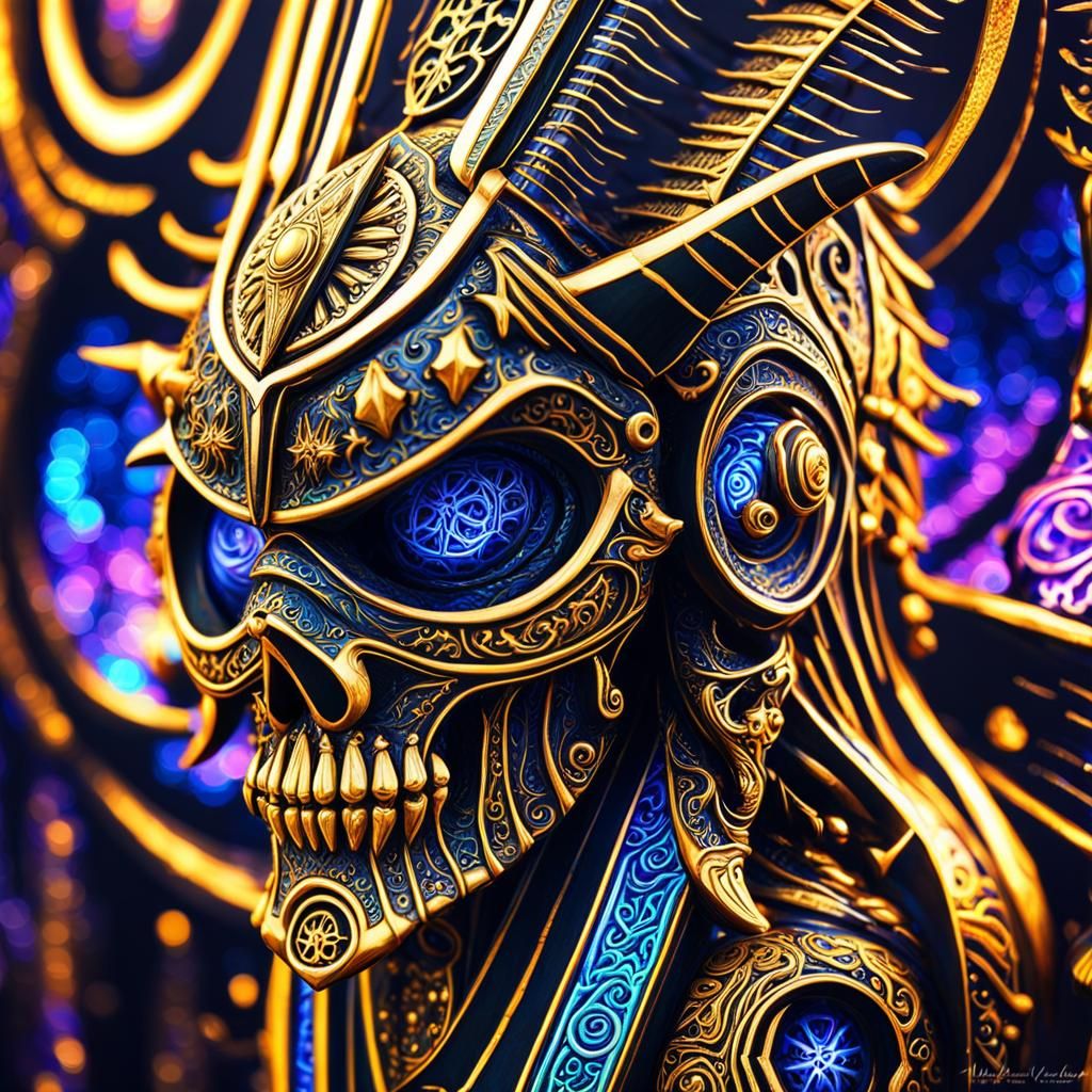 Ornate Golden Trident Staff in Psychedelic Art