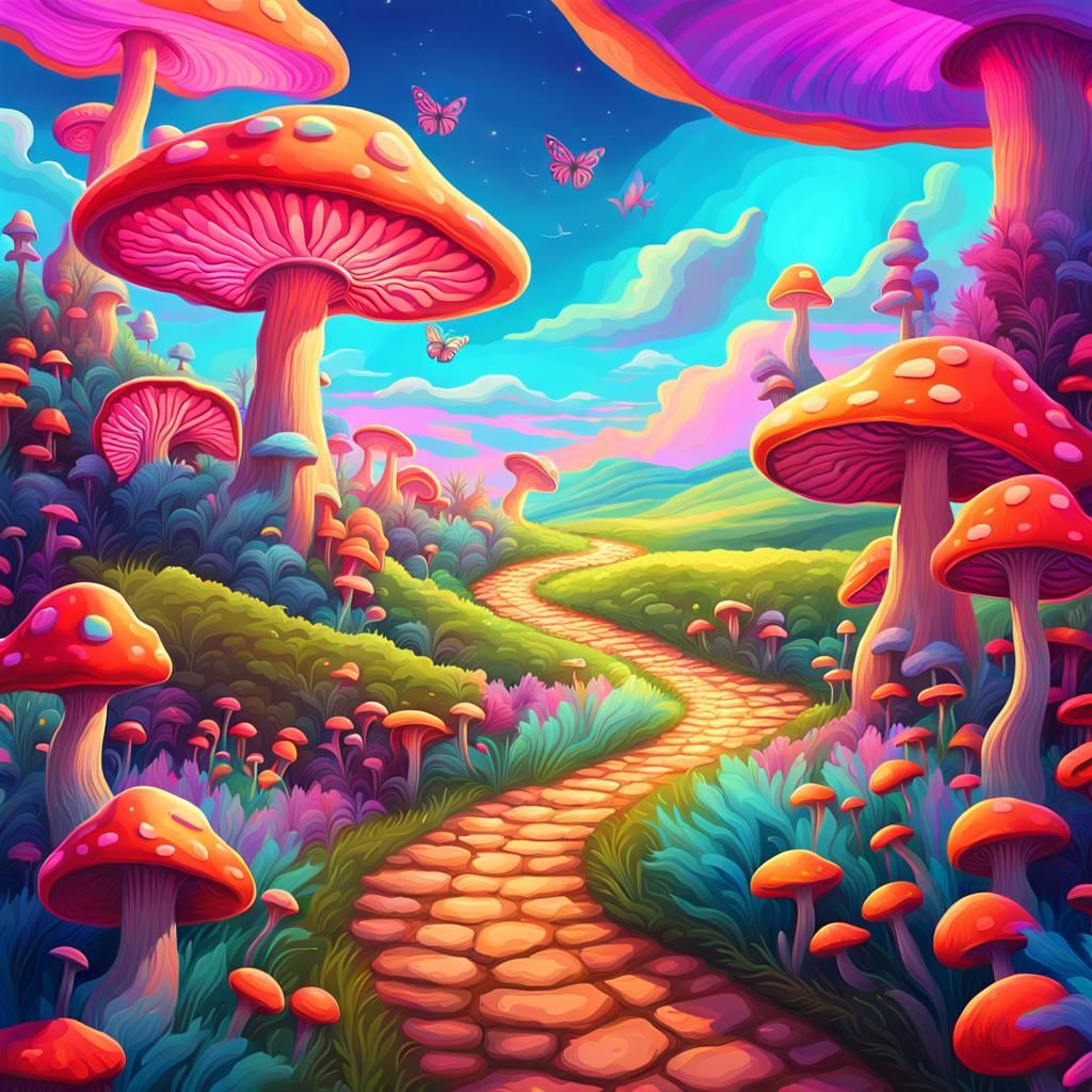 Pop Art Mushroom Landscape with Neon Lights
