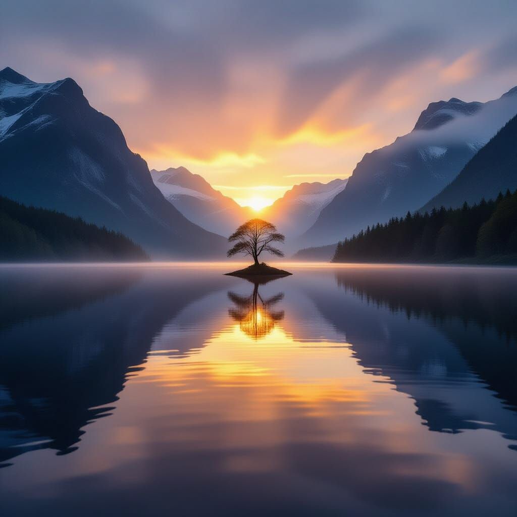 Magical Reflection: Golden Hour Lake with Ethereal Light