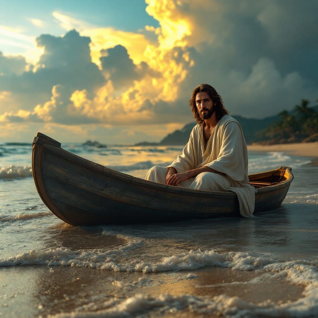 A Gentle Lord Jesus Seated on a Serene Seashore