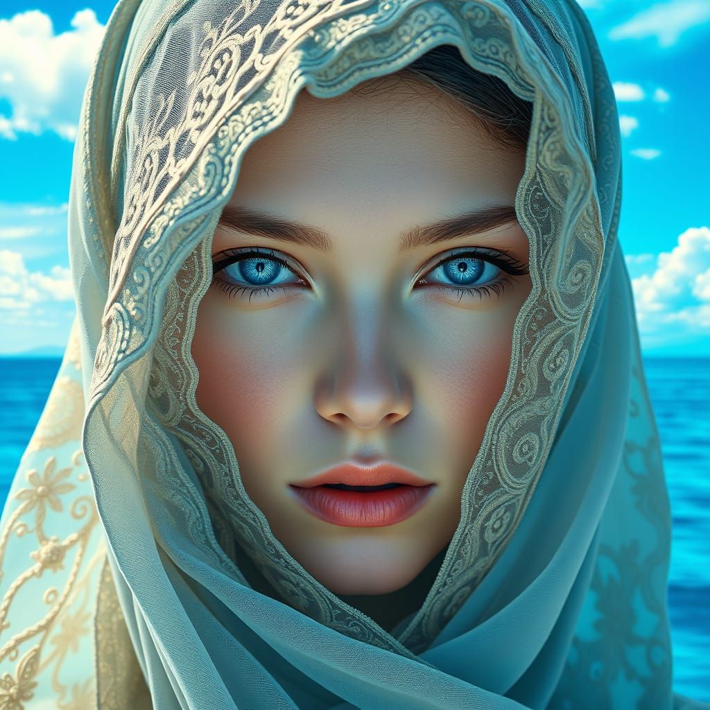 Serene Woman in Azure Veils Under Blue Skies