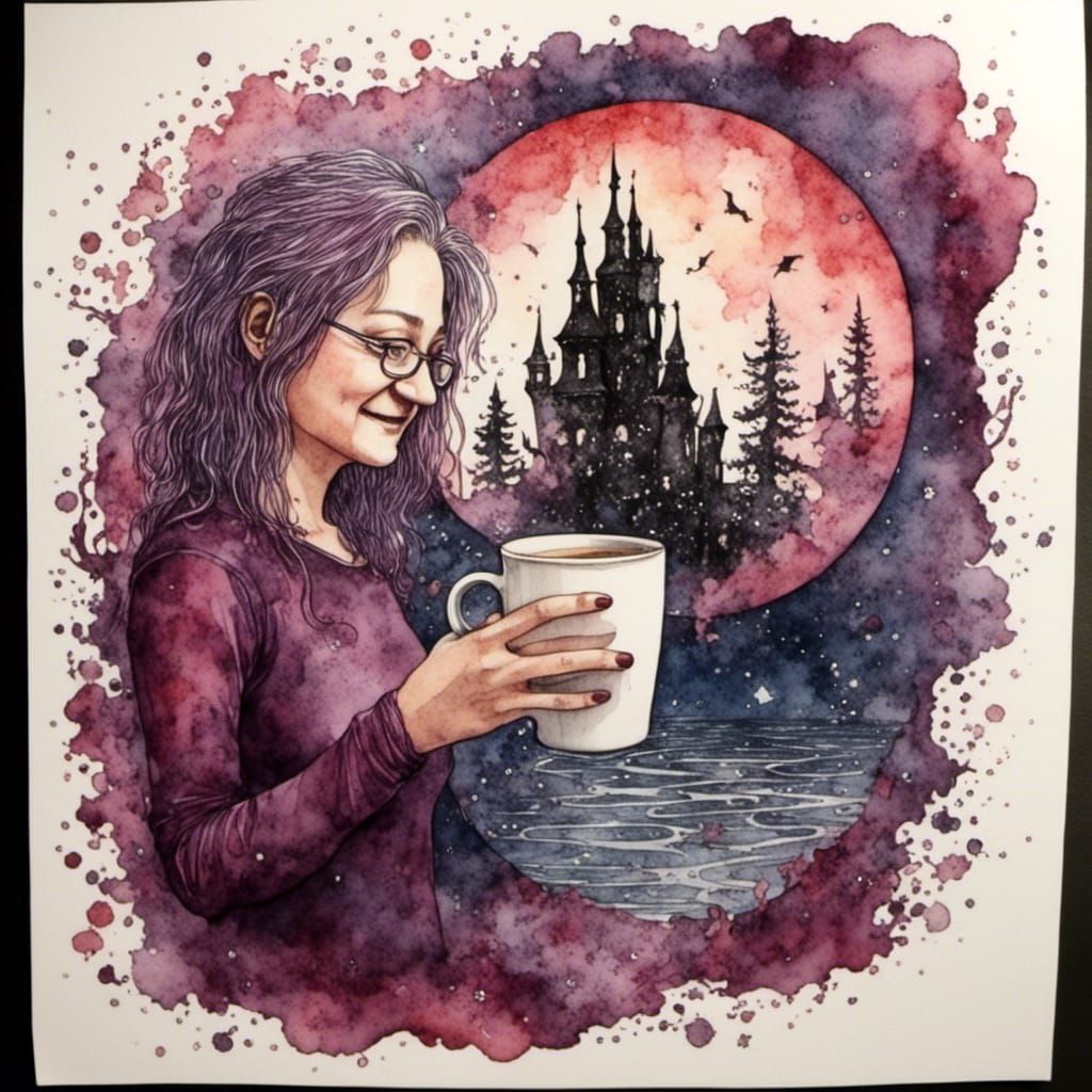 Romantic Watercolor Portrait of Bride Reflected in Tea Cup