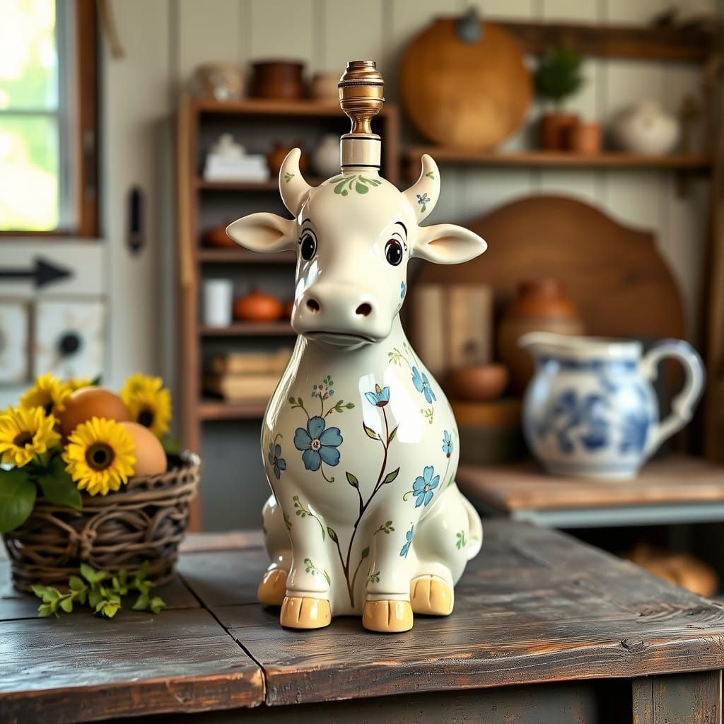 Whimsical Folk Art Cow Lamp in Distressed Wood Setting