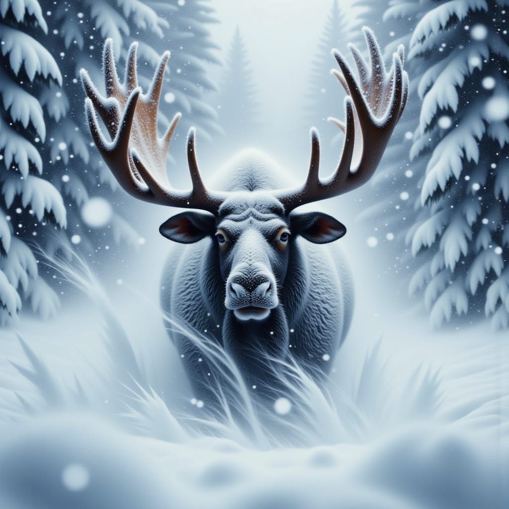 Majestic Moose Battles Fierce Blizzard in Painterly Style