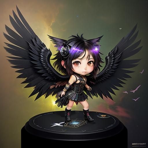 Chibi Crow Kitten with Hologram Dieselpunk Wings