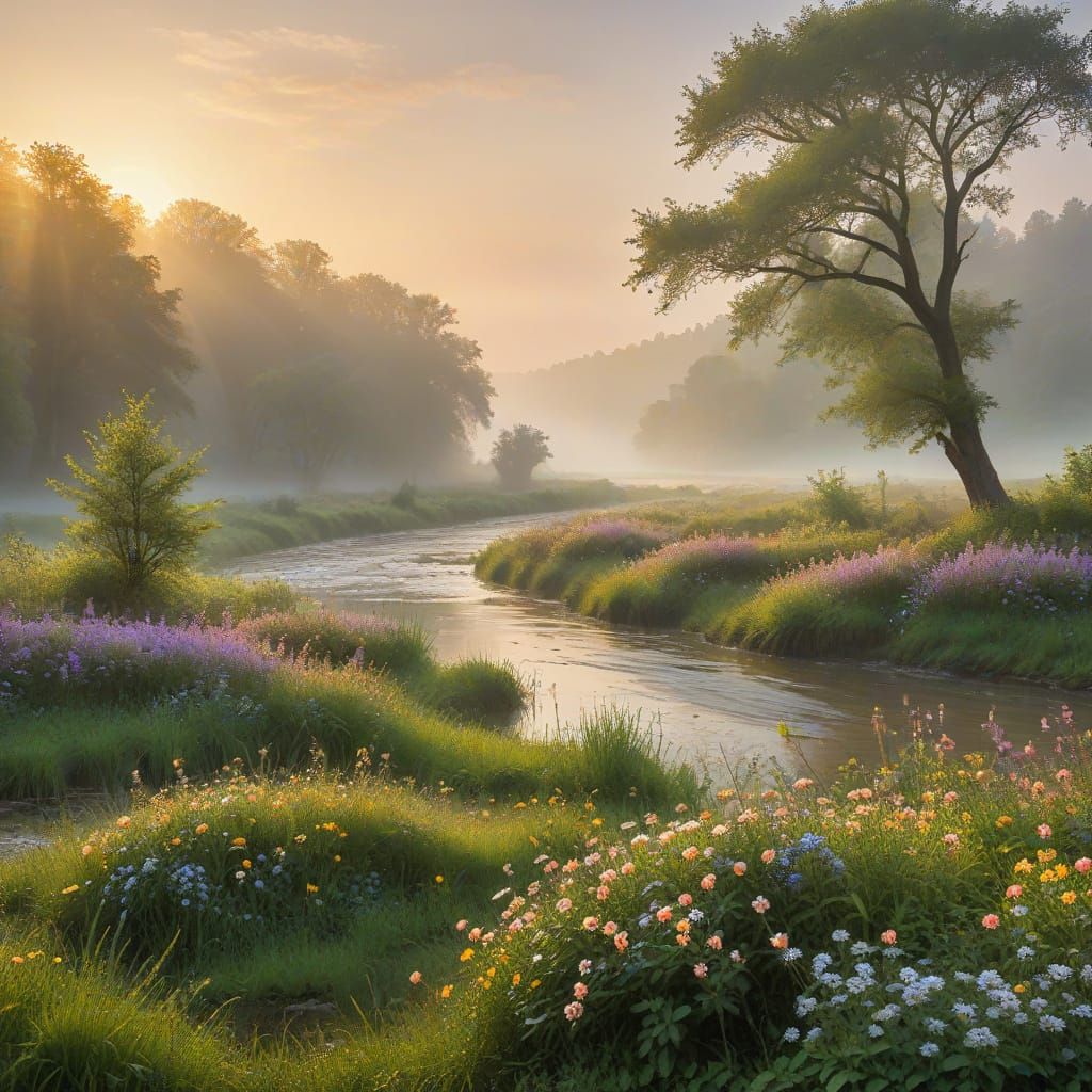 Vibrant Impressionist River Valley in Spring