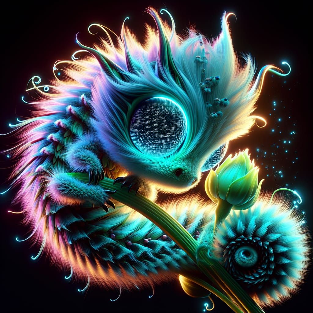 Neon Dragon Coiled Around Flower: Hyperrealistic CGI Art