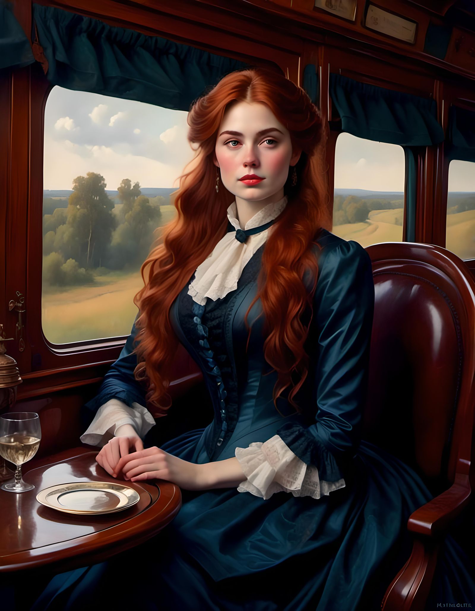 Victorian Woman in Train Compartment Portrait