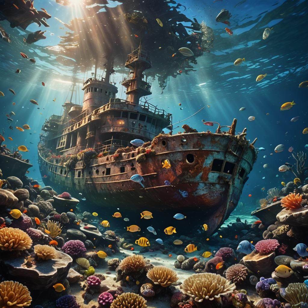 Underwater Shipwreck Scene in Hyperrealism