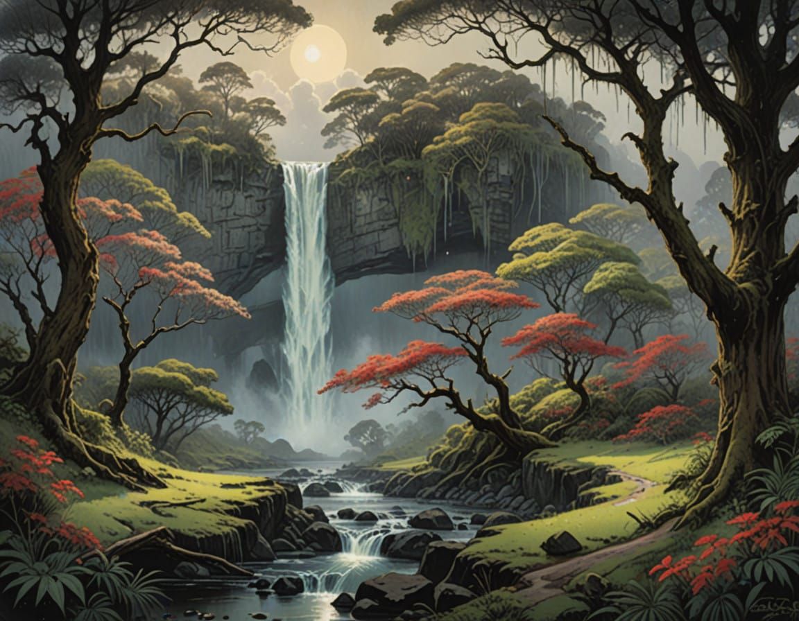 Mystical Rainbow Falls Landscape in Soft Lunar Light