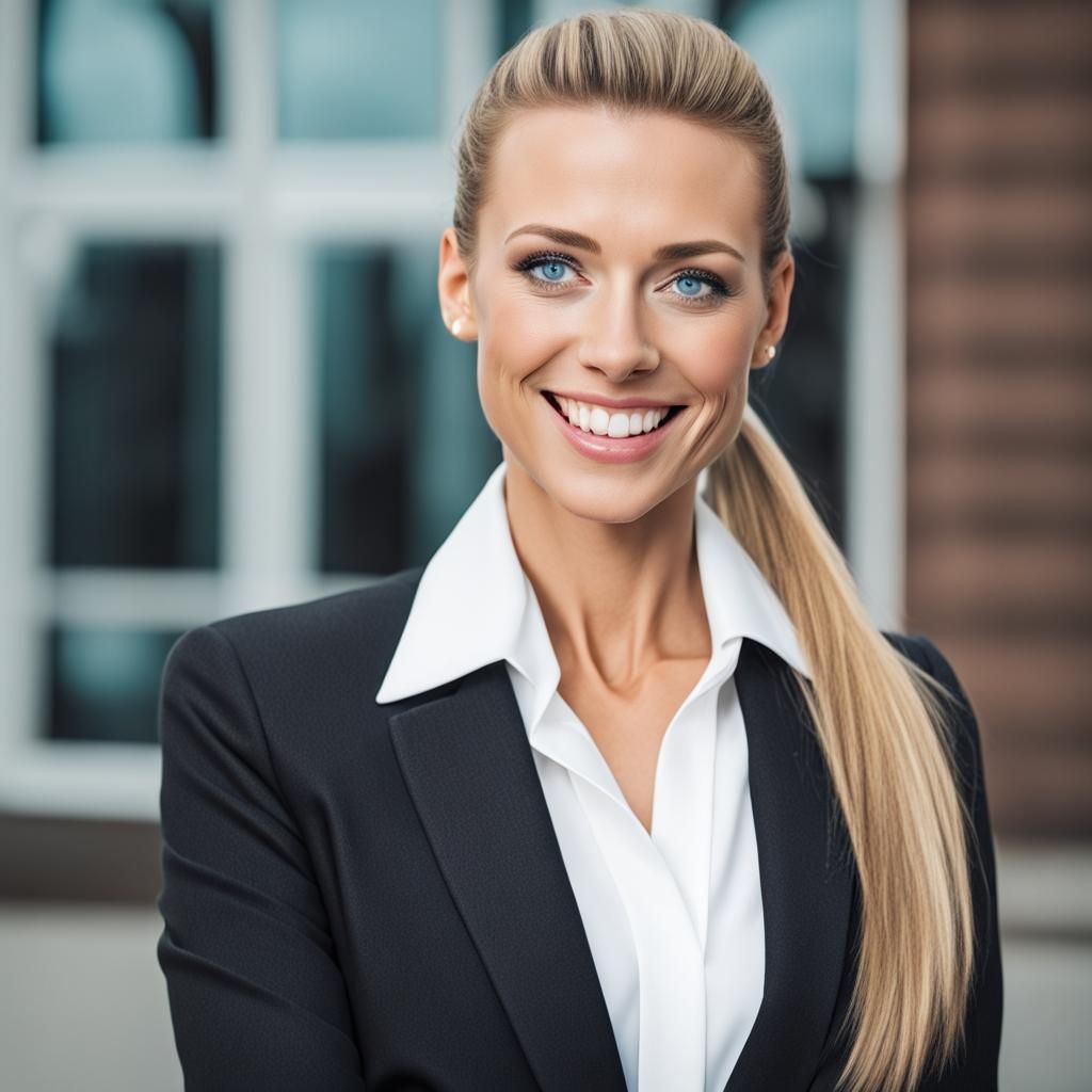 Smiling Woman with Blue Eyes in Suit
