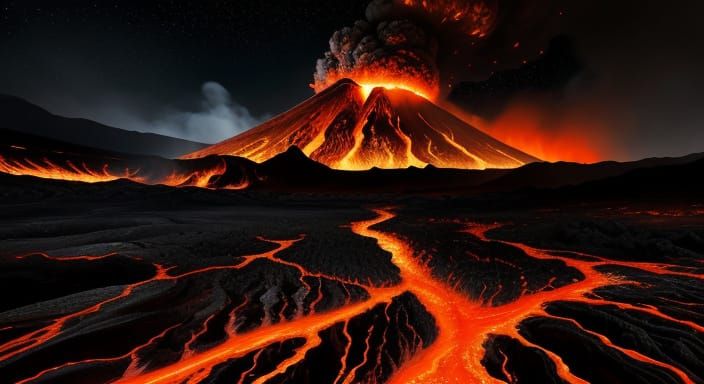 Volcano Erupts in Expressionist Oil Painting Style