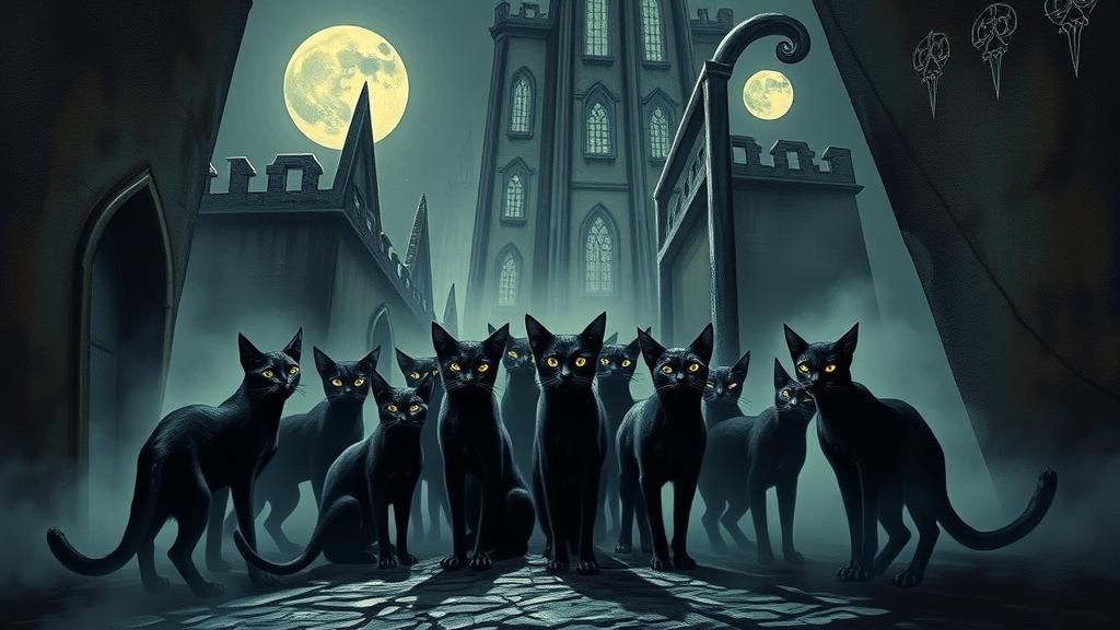 Ominous Black Cats in Surreal Moonlit Alley