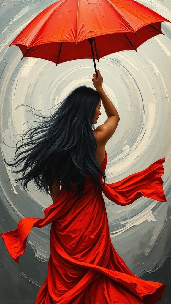 Woman with Red Umbrella: Impasto Style Painting