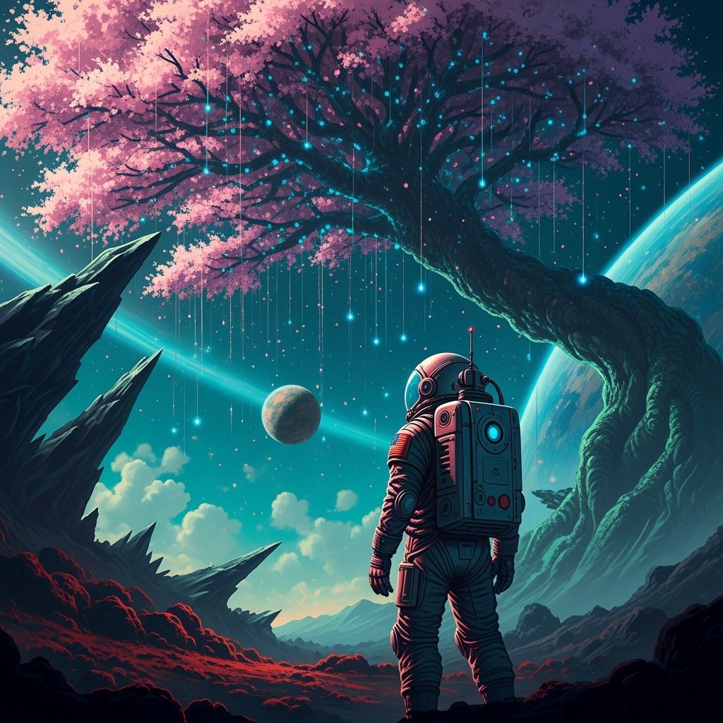 Astronaut and Bioluminescent Sakura Tree on Alien Planet