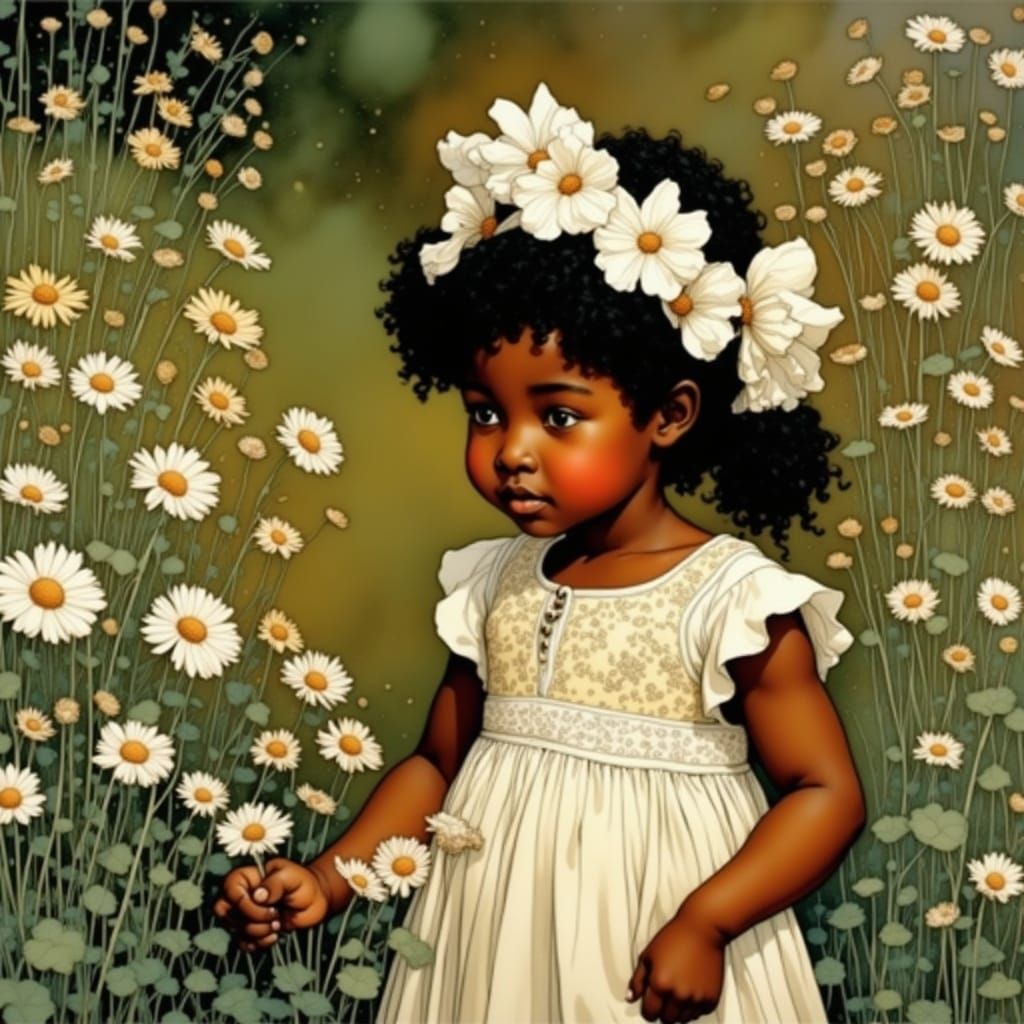 Black Toddler in Wildflower Garden, Whimsical Illustration