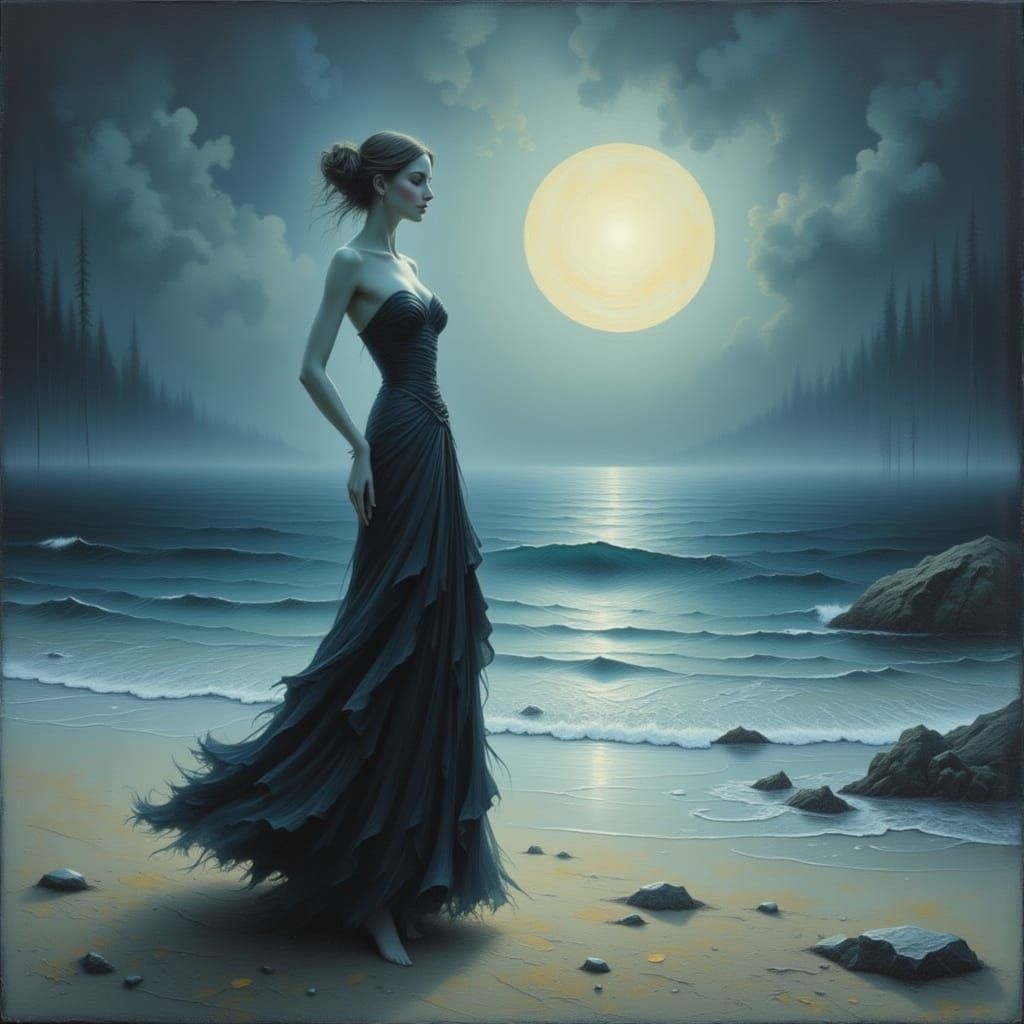 Woman on Misty Beach in Whimsical Painting Style