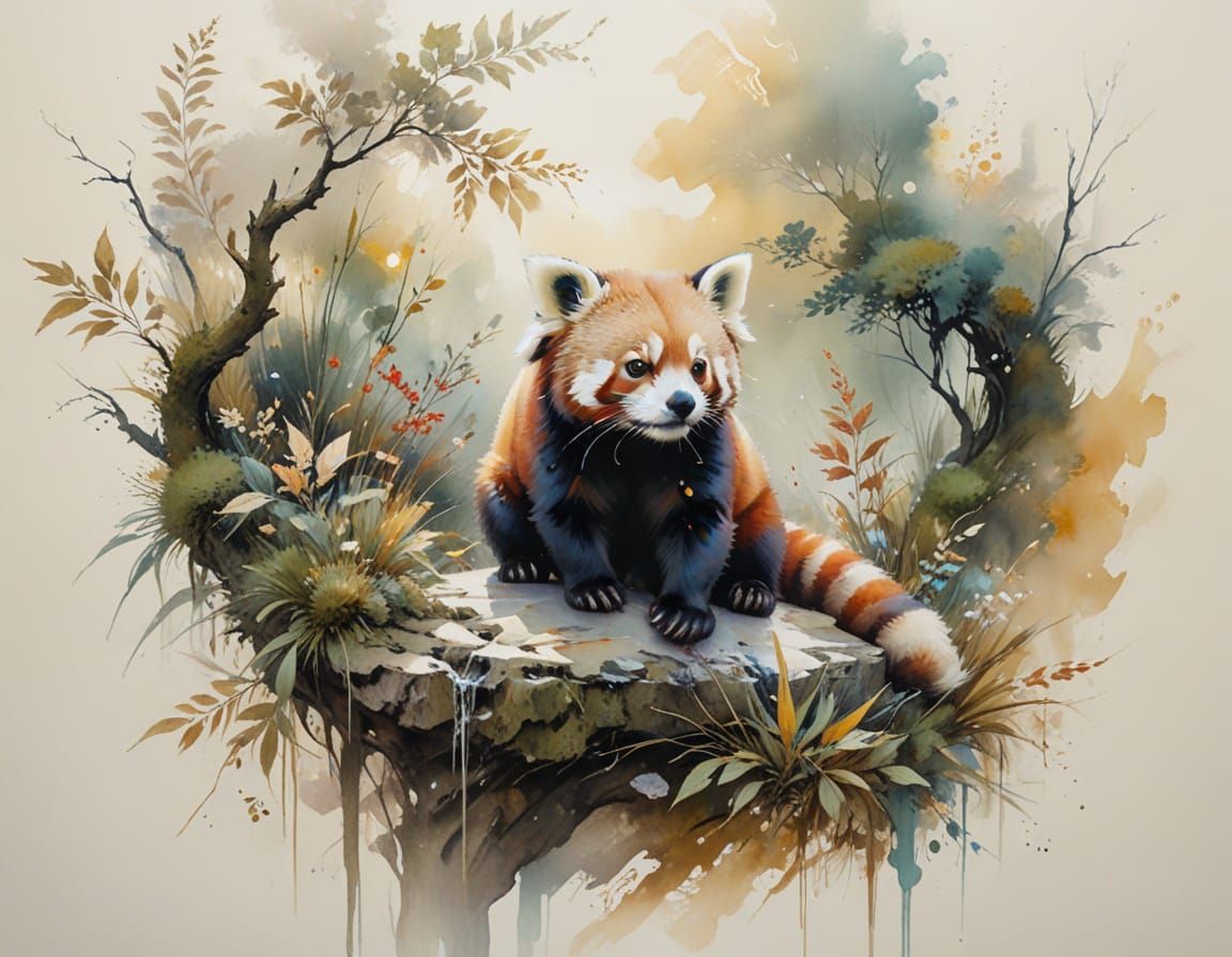 Red Panda on Mossy Branch in Alcohol Ink Style