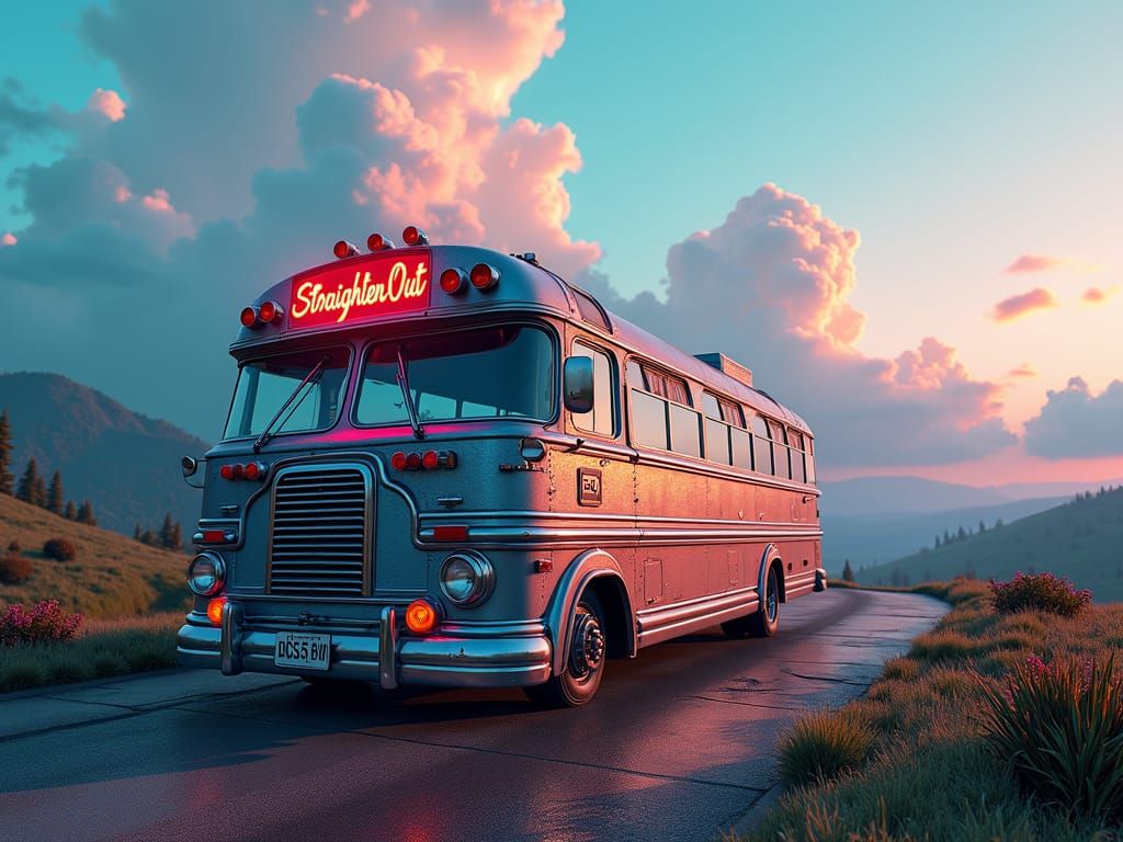 Mystical Vintage Bus in Dreamlike Landscape