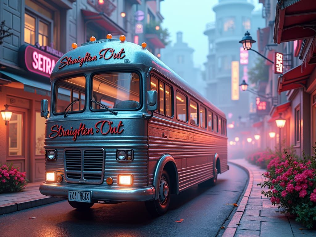 Futuristic Bus in Dreamlike Cityscape