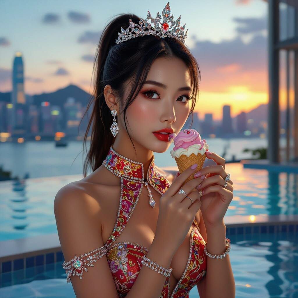 Hong Kong Woman in Futuristic Jewellery at Sunset Pool