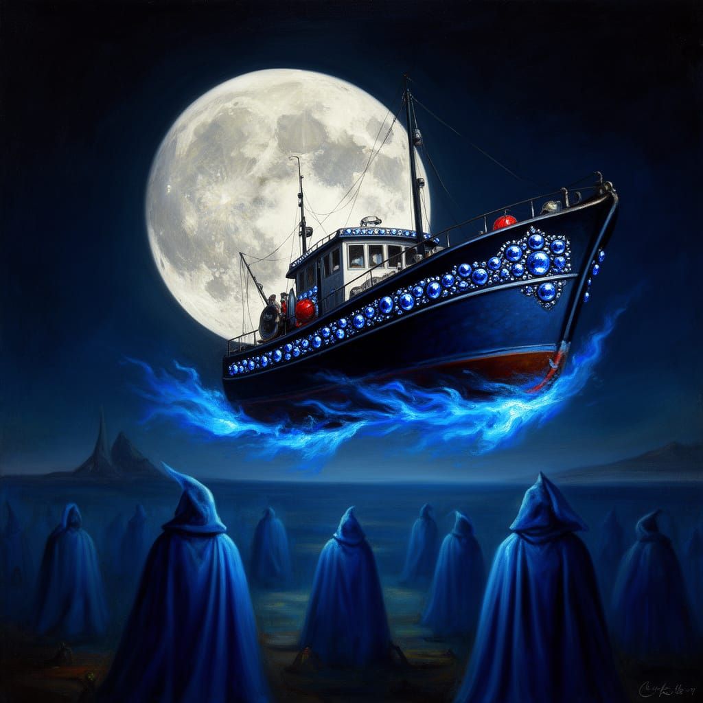 Sapphire Fishing Boat Flies Under Full Moon
