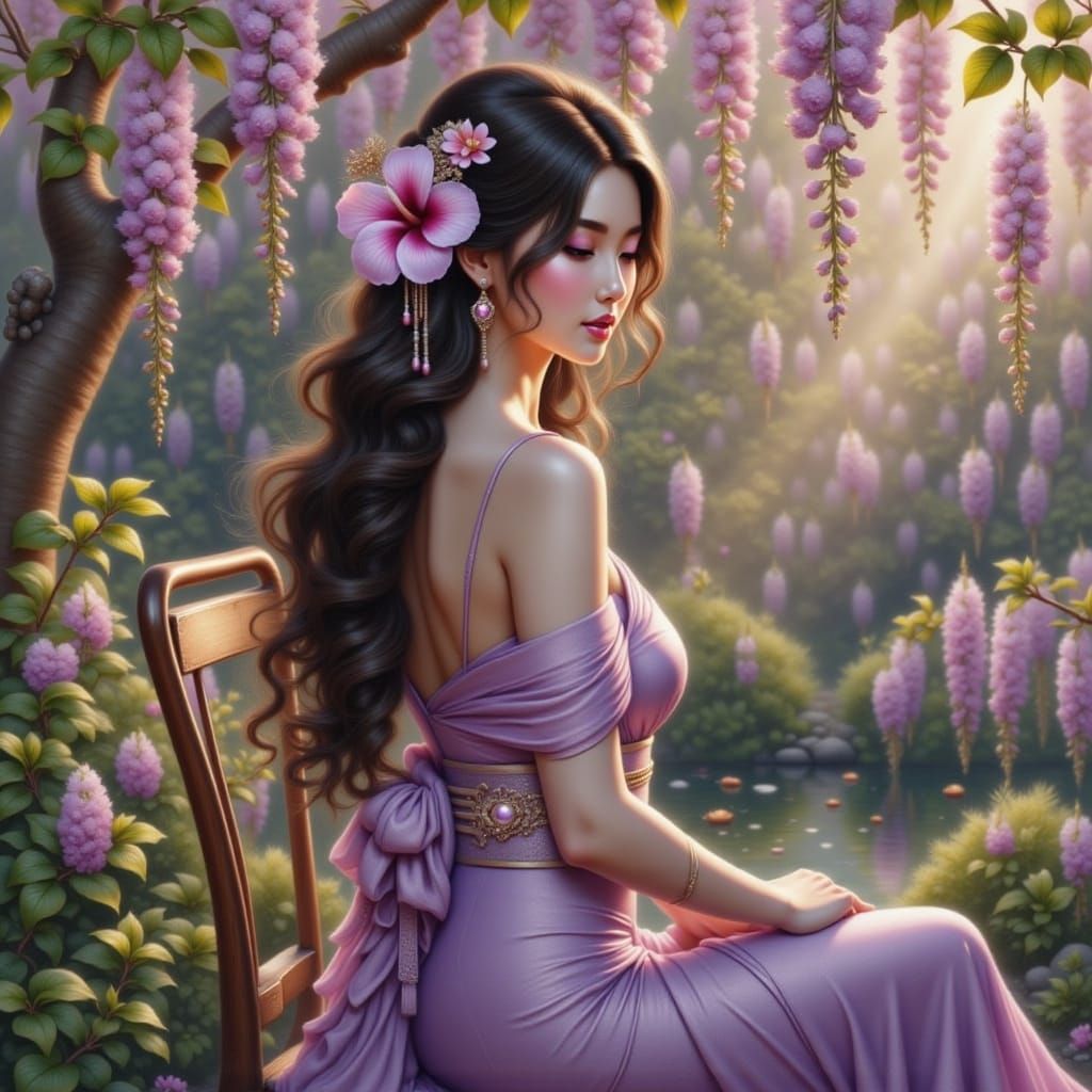 Young Woman in Dreamy Garden with Wisteria