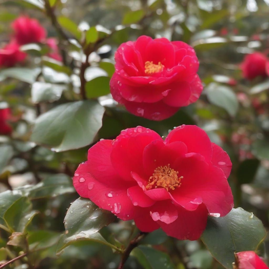 A Red Camellia Blooms in a Garden Oasis