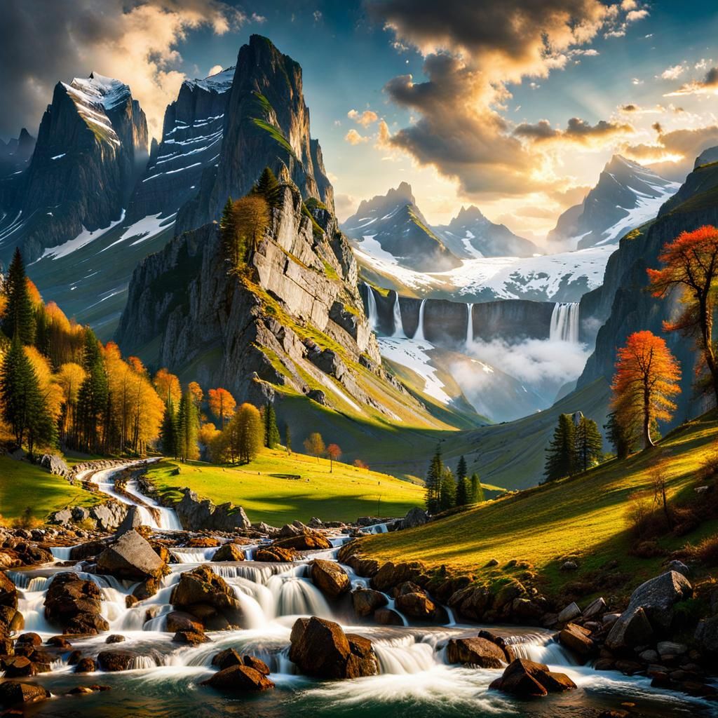 Mountain Landscape with Dramatic Sky and Waterfalls