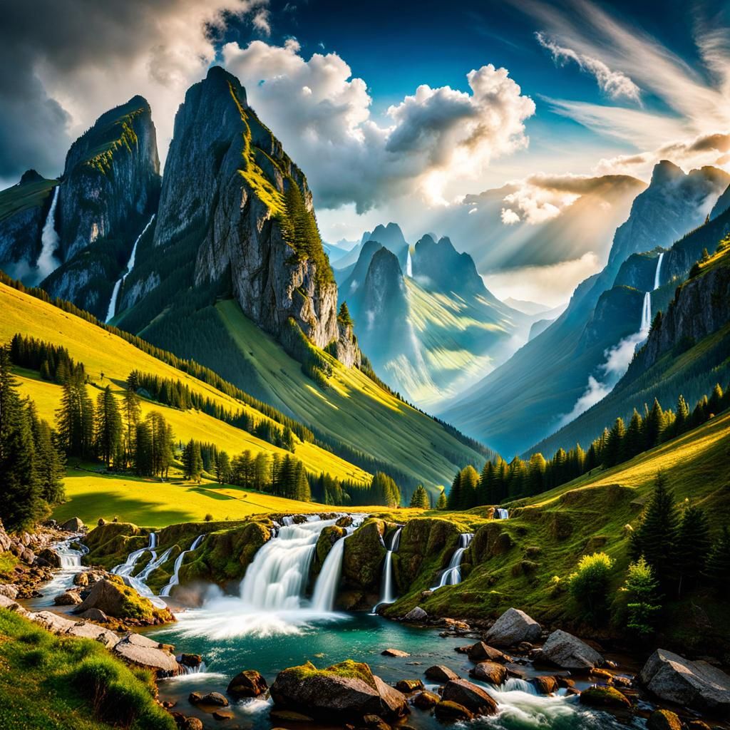 Mountain Landscape with Waterfalls and Sunset Sky
