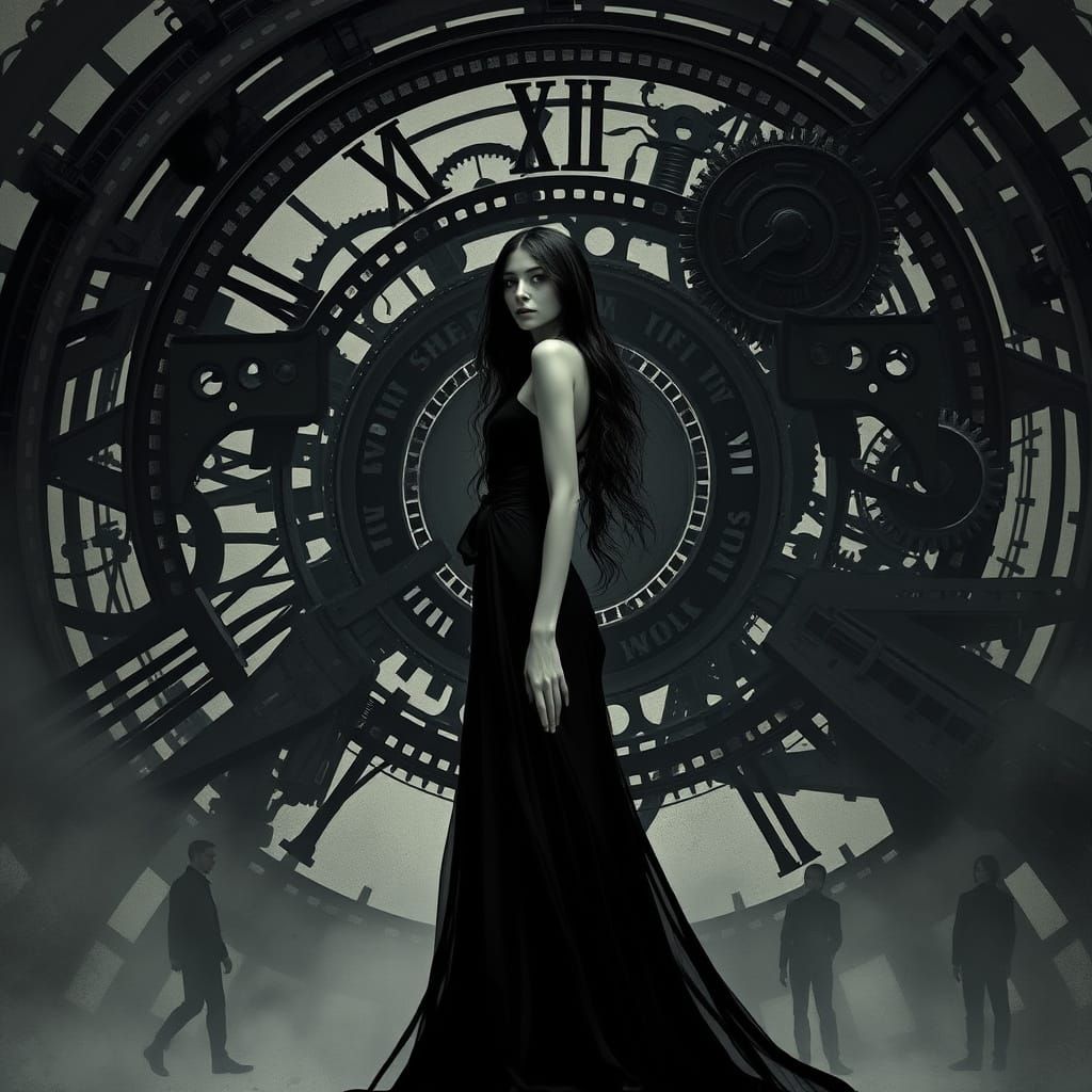 Elegant Woman in Ghostly Clockwork Mechanism