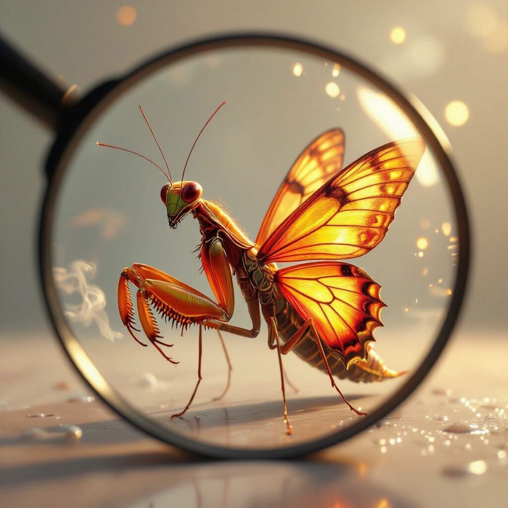 Fire Mantispid Through a Magnifying Glass